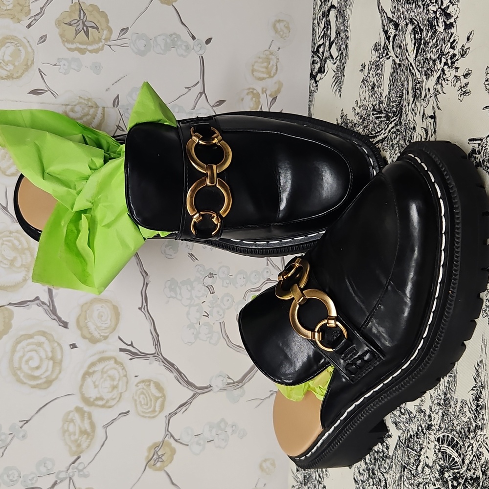 Circus by Sam Edelman Black Leather Mule Loafers with Gold Chain